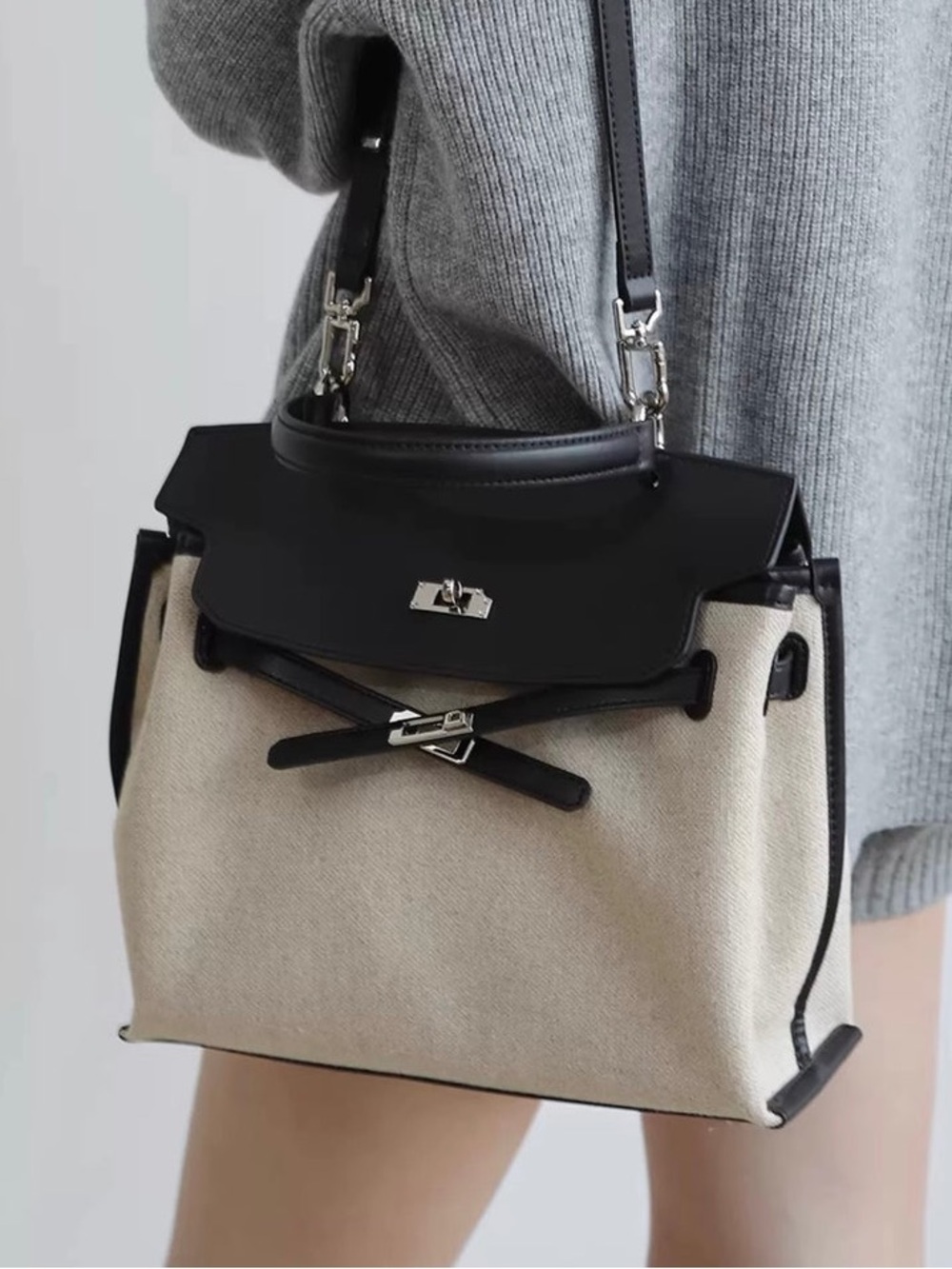 canvas leather tote backpack convertible straps cream black nWOT